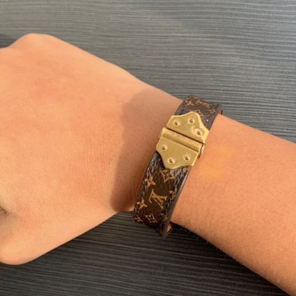 Louis Vuitton Brown Monogram Leather Bracelet with Gold Hardware